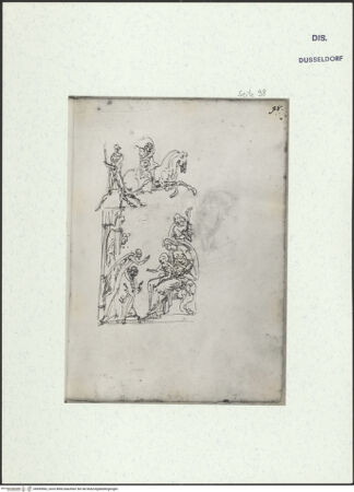 Vorderseite von Museum Kunstpalast [https://www.deutsche-digitale-bibliothek.de/content/lizenzen/rv-ez/] L'arte del disegno, e le vivezze dell'ingegno di Guglielmo della Porta celebre scultore, et architetto ... (2 Bände)Zweiter (kleiner) Band mit zwei Skizzenbüchern und einem angefügten KonvolutDas zweite SkizzenheftSeite 98: Reitergruppe aus einem Relief des Konstantinbogens; Anbetung des Christusknaben durch den Kaiser Karl V. - , bh455962_recto. Foto.