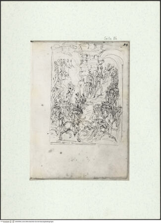 Vorderseite von Museum Kunstpalast [https://www.deutsche-digitale-bibliothek.de/content/lizenzen/rv-ez/] L'arte del disegno, e le vivezze dell'ingegno di Guglielmo della Porta celebre scultore, et architetto ... (2 Bände)Zweiter (kleiner) Band mit zwei Skizzenbüchern und einem angefügten KonvolutDas zweite SkizzenheftSeite 84: Passion: Der Einzug in Jerusalem - , bh455964_recto. Foto.