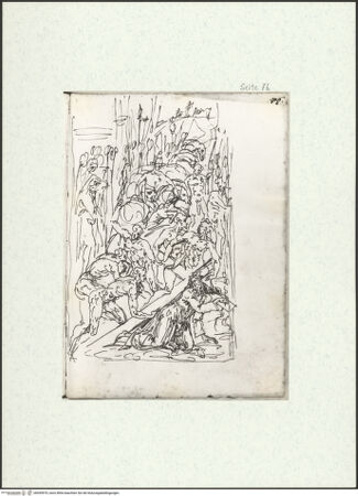 Vorderseite von Museum Kunstpalast [https://www.deutsche-digitale-bibliothek.de/content/lizenzen/rv-ez/] L'arte del disegno, e le vivezze dell'ingegno di Guglielmo della Porta celebre scultore, et architetto ... (2 Bände)Zweiter (kleiner) Band mit zwei Skizzenbüchern und einem angefügten KonvolutDas zweite SkizzenheftSeite 76: Passion: Die Kreuztragung - , bh455970_recto. Foto.