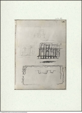 Vorderseite von Museum Kunstpalast [https://www.deutsche-digitale-bibliothek.de/content/lizenzen/rv-ez/] L'arte del disegno, e le vivezze dell'ingegno di Guglielmo della Porta celebre scultore, et architetto ... (2 Bände)Zweiter (kleiner) Band mit zwei Skizzenbüchern und einem angefügten KonvolutDas zweite SkizzenheftSeite 80: Langrechteckiger Saalbau: Ansicht der Längswand, drei Varianten; Grundriss des Saalbaus - , bh455972_recto. Foto.