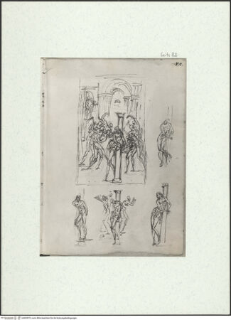 Vorderseite von Museum Kunstpalast [https://www.deutsche-digitale-bibliothek.de/content/lizenzen/rv-ez/] L'arte del disegno, e le vivezze dell'ingegno di Guglielmo della Porta celebre scultore, et architetto ... (2 Bände)Zweiter (kleiner) Band mit zwei Skizzenbüchern und einem angefügten KonvolutDas zweite SkizzenheftSeite 82: Passion: Geißelung und Christus an der Martersäule (Reliefentwürfe) - , bh455973_recto. Foto.