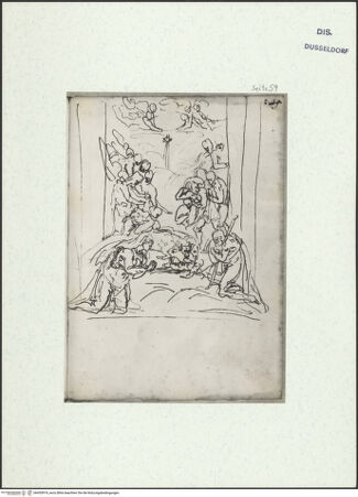 Vorderseite von Museum Kunstpalast [https://www.deutsche-digitale-bibliothek.de/content/lizenzen/rv-ez/] L'arte del disegno, e le vivezze dell'ingegno di Guglielmo della Porta celebre scultore, et architetto ... (2 Bände)Zweiter (kleiner) Band mit zwei Skizzenbüchern und einem angefügten KonvolutDas zweite SkizzenheftSeite 59: Anbetung der Hirten - , bh455974_recto. Foto.