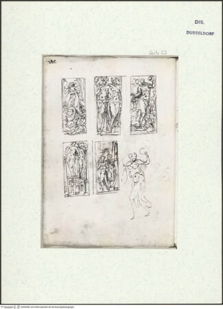 Vorderseite von Museum Kunstpalast [https://www.deutsche-digitale-bibliothek.de/content/lizenzen/rv-ez/] L'arte del disegno, e le vivezze dell'ingegno di Guglielmo della Porta celebre scultore, et architetto ... (2 Bände)Zweiter (kleiner) Band mit zwei Skizzenbüchern und einem angefügten KonvolutDas zweite SkizzenheftSeite 52: Fünf hochrechteckige allegorische Darstellungen mit dem Ruhm des Bildhauers (zwei Varianten und eine Teilstudie) und "Il corso dell'anno" (drei Varianten) - , bh455980_recto. Foto.