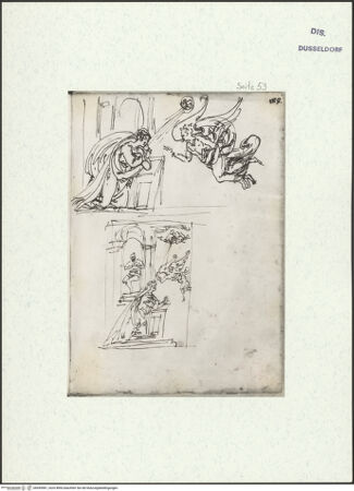 Vorderseite von Museum Kunstpalast [https://www.deutsche-digitale-bibliothek.de/content/lizenzen/rv-ez/] L'arte del disegno, e le vivezze dell'ingegno di Guglielmo della Porta celebre scultore, et architetto ... (2 Bände)Zweiter (kleiner) Band mit zwei Skizzenbüchern und einem angefügten KonvolutDas zweite SkizzenheftSeite 53: Verkündigung, zwei Varianten - , bh455981_recto. Foto.