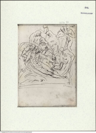 Vorderseite von Museum Kunstpalast [https://www.deutsche-digitale-bibliothek.de/content/lizenzen/rv-ez/] L'arte del disegno, e le vivezze dell'ingegno di Guglielmo della Porta celebre scultore, et architetto ... (2 Bände)Zweiter (kleiner) Band mit zwei Skizzenbüchern und einem angefügten KonvolutDas zweite SkizzenheftSeite 57: Beweinung Christi - , bh455983_recto. Foto.