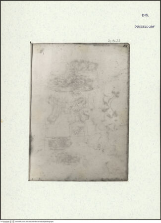 Vorderseite von Museum Kunstpalast [https://www.deutsche-digitale-bibliothek.de/content/lizenzen/rv-ez/] L'arte del disegno, e le vivezze dell'ingegno di Guglielmo della Porta celebre scultore, et architetto ... (2 Bände)Zweiter (kleiner) Band mit zwei Skizzenbüchern und einem angefügten KonvolutDas zweite SkizzenheftSeite 23: Entwurf für eine Wanddekoration - , bh455995_recto. Foto.