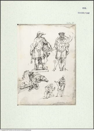 Vorderseite von Museum Kunstpalast [https://www.deutsche-digitale-bibliothek.de/content/lizenzen/rv-ez/] L'arte del disegno, e le vivezze dell'ingegno di Guglielmo della Porta celebre scultore, et architetto ... (2 Bände)Zweiter (kleiner) Band mit zwei Skizzenbüchern und einem angefügten KonvolutDas zweite SkizzenheftSeite 17: David mit dem Haupt des Goliath; stehender Feldherr (König Saul?); drei nach rechts sprengende Pferde; Adlocutio eines Feldherren - , bh456360_recto. Foto.