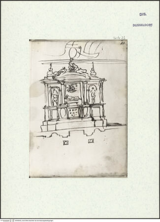 Vorderseite von Museum Kunstpalast [https://www.deutsche-digitale-bibliothek.de/content/lizenzen/rv-ez/] L'arte del disegno, e le vivezze dell'ingegno di Guglielmo della Porta celebre scultore, et architetto ... (2 Bände)Zweiter (kleiner) Band mit zwei Skizzenbüchern und einem angefügten KonvolutDas zweite SkizzenheftSeite 21: Wandgrab, Ansicht und Schnitt oberhalb der Sockelzone - , bh456362_recto. Foto.