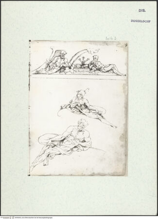 Vorderseite von Museum Kunstpalast [https://www.deutsche-digitale-bibliothek.de/content/lizenzen/rv-ez/] L'arte del disegno, e le vivezze dell'ingegno di Guglielmo della Porta celebre scultore, et architetto ... (2 Bände)Zweiter (kleiner) Band mit zwei Skizzenbüchern und einem angefügten KonvolutDas zweite SkizzenheftSeite 3: Relief mit dem Regenbogen und den Farnese-Emblemen für das Grabmal Pauls III.; zwei liegende männliche Akte - , bh456363_recto. Foto.