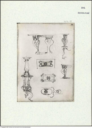 Vorderseite von Museum Kunstpalast [https://www.deutsche-digitale-bibliothek.de/content/lizenzen/rv-ez/] L'arte del disegno, e le vivezze dell'ingegno di Guglielmo della Porta celebre scultore, et architetto ... (2 Bände)Zweiter (kleiner) Band mit zwei Skizzenbüchern und einem angefügten KonvolutDas zweite SkizzenheftSeite 11: Kandelaber; Prunktisch, drei Teilansichten und fünf Grundrisse - , bh456366_recto. Foto.