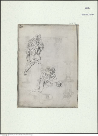 Vorderseite von Museum Kunstpalast [https://www.deutsche-digitale-bibliothek.de/content/lizenzen/rv-ez/] L'arte del disegno, e le vivezze dell'ingegno di Guglielmo della Porta celebre scultore, et architetto ... (2 Bände)Zweiter (kleiner) Band mit zwei Skizzenbüchern und einem angefügten KonvolutDas zweite SkizzenheftSeite 12: Anbetend kniender Krieger, drei Varianten (Studie zum Hauptmann der Kriegsknechte für die Beweinung Christi) - , bh456367_recto. Foto.
