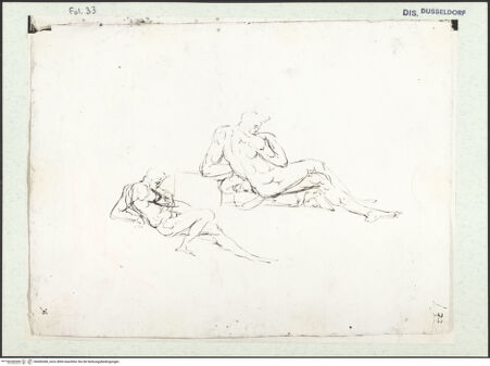 Vorderseite von Museum Kunstpalast [https://www.deutsche-digitale-bibliothek.de/content/lizenzen/rv-ez/] L'arte del disegno, e le vivezze dell'ingegno di Guglielmo della Porta celebre scultore, et architetto ... (2 Bände)Erster (großer) Band mit dem ersten SkizzenheftFolio 33 recto (Seite 8): Liegender männlicher Akt, zwei Varianten - , bh456368_recto. Foto.