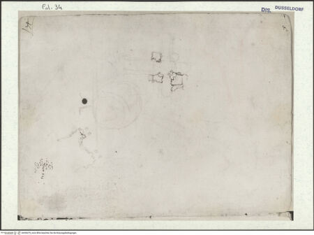 Vorderseite von Museum Kunstpalast [https://www.deutsche-digitale-bibliothek.de/content/lizenzen/rv-ez/] L'arte del disegno, e le vivezze dell'ingegno di Guglielmo della Porta celebre scultore, et architetto ... (2 Bände)Erster (großer) Band mit dem ersten SkizzenheftFolio 34 recto (Seite 6): Kirchengrundriss und Grundrisse für Kuppelpfeiler mit variierten Mittelnischen; Bartlocken - , bh456370_recto. Foto.