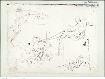 Vorderseite von Museum Kunstpalast [https://www.deutsche-digitale-bibliothek.de/content/lizenzen/rv-ez/] L'arte del disegno, e le vivezze dell'ingegno di Guglielmo della Porta celebre scultore, et architetto ... (2 Bände)Erster (großer) Band mit dem ersten SkizzenheftFolio 34 verso (Seite 5): Varianten eines liegenden männlichen Aktes, an ein Tropaion gelehnt - , bh456371_recto. Foto.