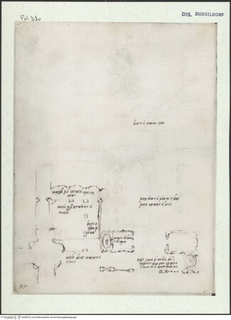 Vorderseite von Museum Kunstpalast [https://www.deutsche-digitale-bibliothek.de/content/lizenzen/rv-ez/] L'arte del disegno, e le vivezze dell'ingegno di Guglielmo della Porta celebre scultore, et architetto ... (2 Bände)Erster (großer) Band mit dem ersten SkizzenheftFolio 31 verso (Seite 15): Stallungen und Pavillons in einem hügeligen Gartengelände: Stallungen; Platz mit zwei Gartenhäusern; Grundriss einer großen Rundnische mit schmalen Wandangaben rechts und links; rechts neben der Nische: Liegefigur vor einer nach rechts ansteigenden Treppenwange - , bh456374_recto. Foto.