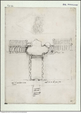 Vorderseite von Museum Kunstpalast [https://www.deutsche-digitale-bibliothek.de/content/lizenzen/rv-ez/] L'arte del disegno, e le vivezze dell'ingegno di Guglielmo della Porta celebre scultore, et architetto ... (2 Bände)Erster (großer) Band mit dem ersten SkizzenheftFolio 32 recto (Seite 14): Große Treppenanlage in einem Gartengelände: Grundriss; Brunnenskulptur (Neptun auf dem Muschelwagen) in großer Mittelnische und linksseitiger Treppenlauf mit Liegefiguren - , bh456375_recto. Foto.