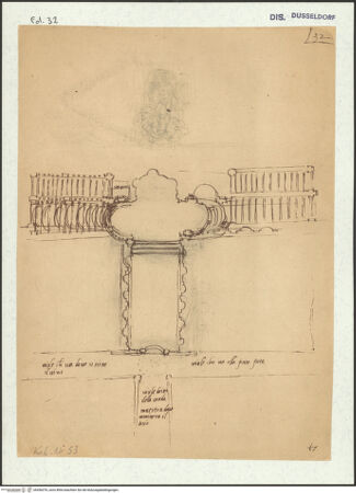 Vorderseite von Museum Kunstpalast [https://www.deutsche-digitale-bibliothek.de/content/lizenzen/rv-ez/] L'arte del disegno, e le vivezze dell'ingegno di Guglielmo della Porta celebre scultore, et architetto ... (2 Bände)Erster (großer) Band mit dem ersten SkizzenheftFolio 32 recto (Seite 14): Große Treppenanlage in einem Gartengelände: Grundriss; Brunnenskulptur (Neptun auf dem Muschelwagen) in großer Mittelnische und linksseitiger Treppenlauf mit Liegefiguren - , bh456376_recto. Foto.
