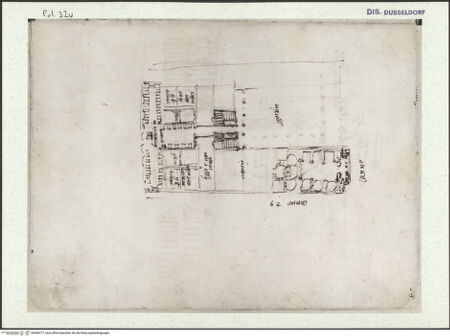 Vorderseite von Museum Kunstpalast [https://www.deutsche-digitale-bibliothek.de/content/lizenzen/rv-ez/] L'arte del disegno, e le vivezze dell'ingegno di Guglielmo della Porta celebre scultore, et architetto ... (2 Bände)Erster (großer) Band mit dem ersten SkizzenheftFolio 32 verso (Seite 13): Grundriss für eine Kirche mit Nebengebäuden - , bh456377_recto. Foto.