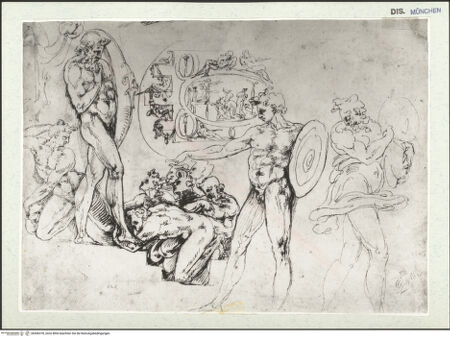 Vorderseite von Museum Kunstpalast [https://www.deutsche-digitale-bibliothek.de/content/lizenzen/rv-ez/] L'arte del disegno, e le vivezze dell'ingegno di Guglielmo della Porta celebre scultore, et architetto ... (2 Bände)Erster (großer) Band mit dem ersten SkizzenheftFolio 29 recto (?) (Seite 23): Teil einer Wappenkartusche; kniender Männerakt nach links zurückblickend; Schutzflehende vor einem Krieger mit großem Schild; dekorative Rahmenkomposition für ein querovales Wandbild mit Devotionsszene; tanzender Bacchant mit Weinschlauch (?) im linken Arm (nach einer Antike?) - , bh456378_recto. Foto.