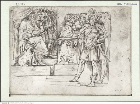 Vorderseite von Museum Kunstpalast [https://www.deutsche-digitale-bibliothek.de/content/lizenzen/rv-ez/] L'arte del disegno, e le vivezze dell'ingegno di Guglielmo della Porta celebre scultore, et architetto ... (2 Bände)Erster (großer) Band mit dem ersten SkizzenheftFolio 28 verso (Seite 29): Die Feuerprobe des Mucius Scaevola; Halbfigur einer nach rechts aufwärtsblickenden Figur; Spuren einer Notiz in Bleistift, die sich nicht mehr rekonstruieren lässt - , bh456380_recto. Foto.