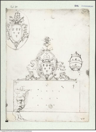 Vorderseite von Museum Kunstpalast [https://www.deutsche-digitale-bibliothek.de/content/lizenzen/rv-ez/] L'arte del disegno, e le vivezze dell'ingegno di Guglielmo della Porta celebre scultore, et architetto ... (2 Bände)Erster (großer) Band mit dem ersten SkizzenheftFolio 30 recto (Seite 22): Wappen Pauls III. auf hochovalem Schild; Wappen Pauls III. als Bekrönung einer Inschrifttafel; Triregnum; Kopf eines bärtigen Mannes im Profil (Moses?) - , bh456381_recto. Foto.