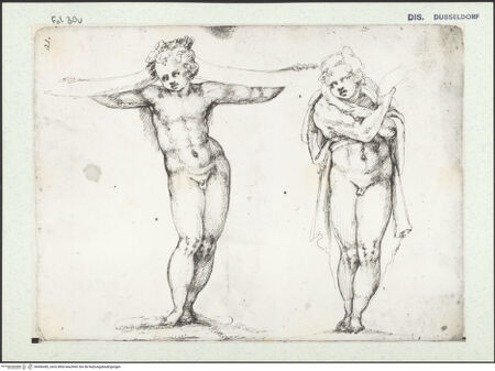 Vorderseite von Museum Kunstpalast [https://www.deutsche-digitale-bibliothek.de/content/lizenzen/rv-ez/] L'arte del disegno, e le vivezze dell'ingegno di Guglielmo della Porta celebre scultore, et architetto ... (2 Bände)Erster (großer) Band mit dem ersten SkizzenheftFolio 30 verso (Seite 21): Zwei stehende Putten - , bh456382_recto. Foto.