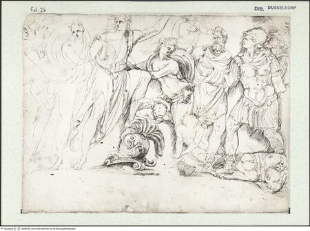 Vorderseite von Museum Kunstpalast [https://www.deutsche-digitale-bibliothek.de/content/lizenzen/rv-ez/] L'arte del disegno, e le vivezze dell'ingegno di Guglielmo della Porta celebre scultore, et architetto ... (2 Bände)Erster (großer) Band mit dem ersten SkizzenheftFolio 26 recto (Seite 38): Achill auf Skyros (nach einem antiken Sarkophagrelief) - , bh456385_recto. Foto.