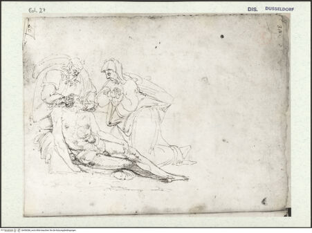 Vorderseite von Museum Kunstpalast [https://www.deutsche-digitale-bibliothek.de/content/lizenzen/rv-ez/] L'arte del disegno, e le vivezze dell'ingegno di Guglielmo della Porta celebre scultore, et architetto ... (2 Bände)Erster (großer) Band mit dem ersten SkizzenheftFolio 27 recto (großes Skizzenbuch Seite 32): Beweinung - , bh456386_recto. Foto.