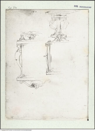 Vorderseite von Museum Kunstpalast [https://www.deutsche-digitale-bibliothek.de/content/lizenzen/rv-ez/] L'arte del disegno, e le vivezze dell'ingegno di Guglielmo della Porta celebre scultore, et architetto ... (2 Bände)Erster (großer) Band mit dem ersten SkizzenheftFolio 27 verso (Seite 31): Prunktisch; Bilder- oder Spiegelrahmen, zwei Varianten - , bh456387_recto. Foto.