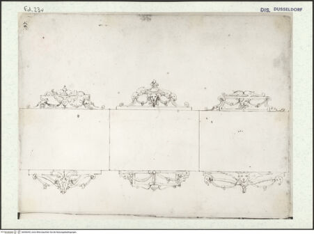 Vorderseite von Museum Kunstpalast [https://www.deutsche-digitale-bibliothek.de/content/lizenzen/rv-ez/] L'arte del disegno, e le vivezze dell'ingegno di Guglielmo della Porta celebre scultore, et architetto ... (2 Bände)Erster (großer) Band mit dem ersten SkizzenheftFolio 23 verso (Seite 47): Rahmendekoration für drei Bild- oder Inschrifttafeln - , bh456392_recto. Foto.