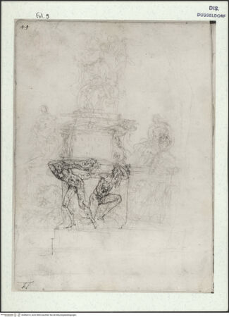 Vorderseite von Museum Kunstpalast [https://www.deutsche-digitale-bibliothek.de/content/lizenzen/rv-ez/] L'arte del disegno, e le vivezze dell'ingegno di Guglielmo della Porta celebre scultore, et architetto ... (2 Bände)Erster (großer) Band mit dem ersten SkizzenheftFolio 9 recto (Seite 44): Grabmal für Julius III. del Monte - , bh456414_recto. Foto.