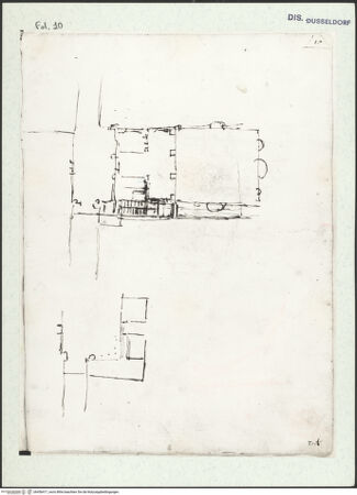 Vorderseite von Museum Kunstpalast [https://www.deutsche-digitale-bibliothek.de/content/lizenzen/rv-ez/] L'arte del disegno, e le vivezze dell'ingegno di Guglielmo della Porta celebre scultore, et architetto ... (2 Bände)Erster (großer) Band mit dem ersten SkizzenheftFolio 10 recto (Seite 42): Grabmal für Julius 3. Grundriss eines kleinen Wohngebäudes (Pförtnerhaus?) mit Hausgarten und Teilvariante - , bh456417_recto. Foto.