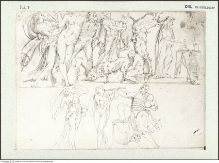 Vorderseite von Museum Kunstpalast [https://www.deutsche-digitale-bibliothek.de/content/lizenzen/rv-ez/] L'arte del disegno, e le vivezze dell'ingegno di Guglielmo della Porta celebre scultore, et architetto ... (2 Bände)Erster (großer) Band mit dem ersten SkizzenheftFolio 7 recto (Seite 36): Bacchische Szene (nach dem antiken Relief im Cortile del Belvedere) - , bh456418_recto. Foto.