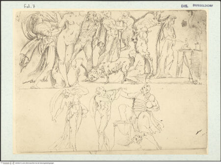 Vorderseite von Museum Kunstpalast [https://www.deutsche-digitale-bibliothek.de/content/lizenzen/rv-ez/] L'arte del disegno, e le vivezze dell'ingegno di Guglielmo della Porta celebre scultore, et architetto ... (2 Bände)Erster (großer) Band mit dem ersten SkizzenheftFolio 7 recto (Seite 36): Bacchische Szene (nach dem antiken Relief im Cortile del Belvedere) - , bh456419_recto. Foto.