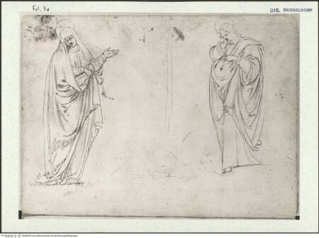 Vorderseite von Museum Kunstpalast [https://www.deutsche-digitale-bibliothek.de/content/lizenzen/rv-ez/] L'arte del disegno, e le vivezze dell'ingegno di Guglielmo della Porta celebre scultore, et architetto ... (2 Bände)Erster (großer) Band mit dem ersten SkizzenheftFolio 7 verso (Seite 35): Maria und Joseph unter dem Kreuz - , bh456420_recto. Foto.