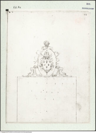 Vorderseite von Museum Kunstpalast [https://www.deutsche-digitale-bibliothek.de/content/lizenzen/rv-ez/] L'arte del disegno, e le vivezze dell'ingegno di Guglielmo della Porta celebre scultore, et architetto ... (2 Bände)Erster (großer) Band mit dem ersten SkizzenheftFolio 8 verso (Seite 33): Wappen Pauls III., Bekrönung einer Inschrifttafel - , bh456422_recto. Foto.