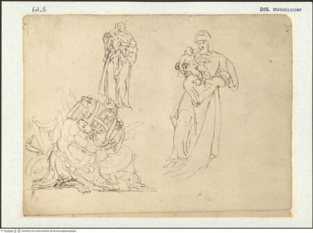 Vorderseite von Museum Kunstpalast [https://www.deutsche-digitale-bibliothek.de/content/lizenzen/rv-ez/] L'arte del disegno, e le vivezze dell'ingegno di Guglielmo della Porta celebre scultore, et architetto ... (2 Bände)Erster (großer) Band mit dem ersten SkizzenheftFolio 5 recto (Seite 28): Stehende Madonna mit Kind, zwei Varianten; Trophäen: Brustpanzer, Schilde, Köcher mit Pfeilen - , bh456423_recto. Foto.