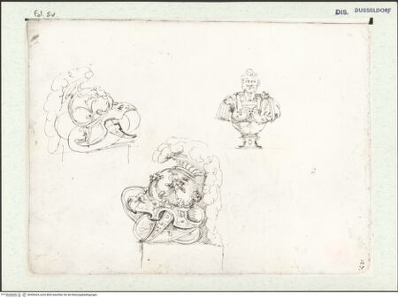 Vorderseite von Museum Kunstpalast [https://www.deutsche-digitale-bibliothek.de/content/lizenzen/rv-ez/] L'arte del disegno, e le vivezze dell'ingegno di Guglielmo della Porta celebre scultore, et architetto ... (2 Bände)Erster (großer) Band mit dem ersten SkizzenheftFolio 5 verso (Seite 27): Trophäen: Helm und Schilde auf einem Sockel liegend, zwei Varianten; Imperatorenbüste - , bh456424_recto. Foto.