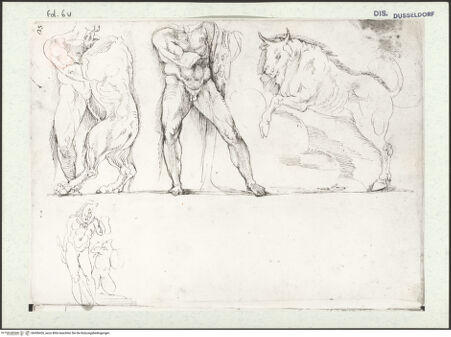 Vorderseite von Museum Kunstpalast [https://www.deutsche-digitale-bibliothek.de/content/lizenzen/rv-ez/] L'arte del disegno, e le vivezze dell'ingegno di Guglielmo della Porta celebre scultore, et architetto ... (2 Bände)Erster (großer) Band mit dem ersten SkizzenheftFolio 6 verso (Seite 25): Motive aus dem Herkules-Sarkophag in der Villa Borghese - , bh456426_recto. Foto.