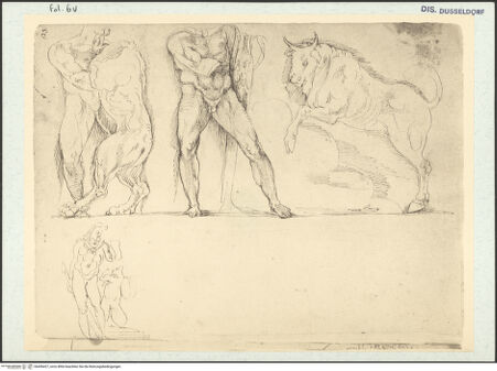 Vorderseite von Museum Kunstpalast [https://www.deutsche-digitale-bibliothek.de/content/lizenzen/rv-ez/] L'arte del disegno, e le vivezze dell'ingegno di Guglielmo della Porta celebre scultore, et architetto ... (2 Bände)Erster (großer) Band mit dem ersten SkizzenheftFolio 6 verso (Seite 25): Motive aus dem Herkules-Sarkophag in der Villa Borghese - , bh456427_recto. Foto.