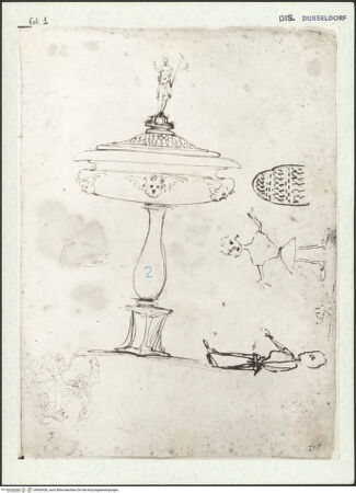 Vorderseite von Museum Kunstpalast [https://www.deutsche-digitale-bibliothek.de/content/lizenzen/rv-ez/] L'arte del disegno, e le vivezze dell'ingegno di Guglielmo della Porta celebre scultore, et architetto ... (2 Bände)Erster (großer) Band mit dem ersten SkizzenheftFolio 1 recto (Seite 12): Taufbecken; Prunkkanne; Zwei Kinderzeichnungen und eine schildförmige Fläche mit geometrischem Ornament - , bh456428_recto. Foto.