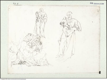 Vorderseite von Museum Kunstpalast [https://www.deutsche-digitale-bibliothek.de/content/lizenzen/rv-ez/] L'arte del disegno, e le vivezze dell'ingegno di Guglielmo della Porta celebre scultore, et architetto ... (2 Bände)Erster (großer) Band mit dem ersten SkizzenheftFolio 5 recto (Seite 28): Stehende Madonna mit Kind, zwei Varianten; Trophäen: Brustpanzer, Schilde, Köcher mit Pfeilen - , bh456432_recto. Foto.