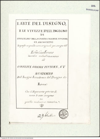 Vorderseite von Museum Kunstpalast [https://www.deutsche-digitale-bibliothek.de/content/lizenzen/rv-ez/] L'arte del disegno, e le vivezze dell'ingegno di Guglielmo della Porta celebre scultore, et architetto ... (2 Bände)Erster (großer) Band mit dem ersten SkizzenheftTitelblatt des 1. Bandes - , bh456433_recto. Foto.