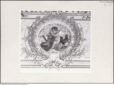 Vorderseite von Sopr. BAS ROMA [https://www.deutsche-digitale-bibliothek.de/content/lizenzen/rv-ez/] Deckenmalerei mit einer Personifikation der Morgenröte und Puttenmedaillons - Medaillon: Lesender Putto und ein Hahn, bh457514_recto. Foto.