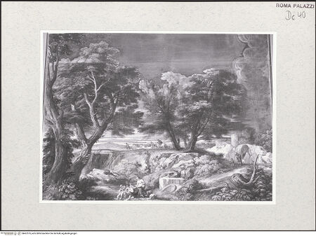 Vorderseite von Sopr. BAS ROMA [https://www.deutsche-digitale-bibliothek.de/content/lizenzen/rv-ez/] Serie von Landschaftsbildern - rechte Wand, Supraporte, Landschaft mit Schäfern, bh457515_recto. Foto.