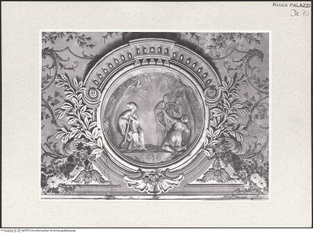 Vorderseite von Sopr. BAS ROMA [https://www.deutsche-digitale-bibliothek.de/content/lizenzen/rv-ez/] Personifikation der Dämmerung mit Windgöttern und monochrome Tondi mit exotischen Szenen - Detail: Tondo mit Szene einer Jagd mit dem Bogen, bh457517_recto. Foto.