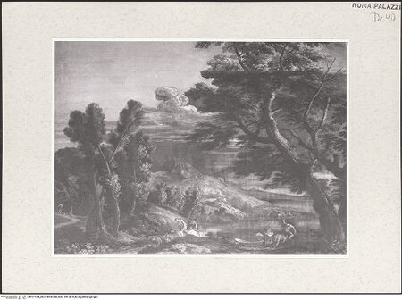 Vorderseite von Sopr. BAS ROMA [https://www.deutsche-digitale-bibliothek.de/content/lizenzen/rv-ez/] Serie von Landschaftsbildern - linke Wand, Seelandschaft mit Fischern und Schäfern, bh457524_recto. Foto.