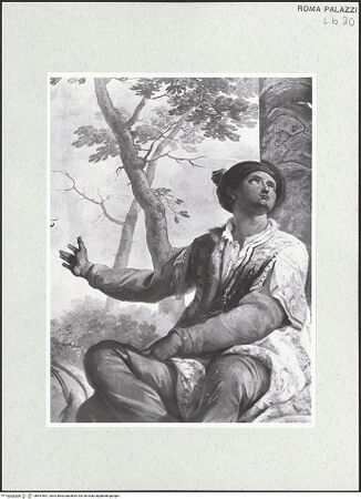 Vorderseite von Sopr. BAS ROMA [https://www.deutsche-digitale-bibliothek.de/content/lizenzen/rv-ez/] Scheinarchitektur mit exotischen GenreszenenFiguren in exotischen Kostümen - Westwand, mittleres Bildfeld, Detail: männliche, auf einer Balustrade sitzende Figur rechts außen, bh457897_recto. Foto.