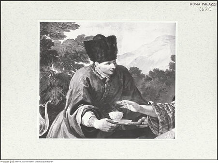 Vorderseite von Sopr. BAS ROMA [https://www.deutsche-digitale-bibliothek.de/content/lizenzen/rv-ez/] Scheinarchitektur mit exotischen GenreszenenFiguren in exotischen Kostümen - Südwand, rechtes Bildfeld, Detail: junger Mann im Husarenkostüm, bh457948_recto. Foto.