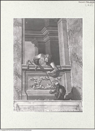 Vorderseite von Sopr. BAS ROMA [https://www.deutsche-digitale-bibliothek.de/content/lizenzen/rv-ez/] Scheinarchitektur mit exotischen GenreszenenFiguren in exotischen Kostümen - Ostwand, rechte Supraporte, junger Mann mit einem Affen an der Kette, bh457950_recto. Foto.